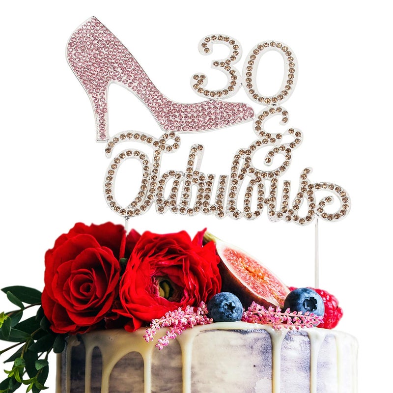 LINGTEER 30 Fabulous Pink High Heel Rhinestone Crystal Cake Topper Perfect for 30th Birthday Anniversary Party Keepsake Sparkle Decoration