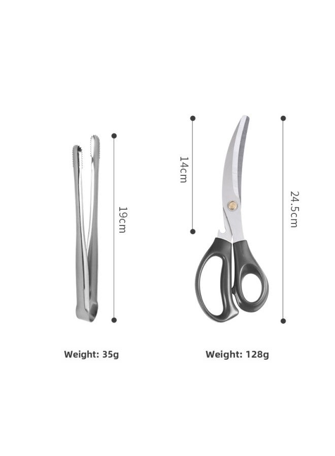 E * Japanese 304 Stainless Steel Barbecue Clip Golden Barbecue Clip Lined Food Clip Steak Clip BBQ Buffet Cuisine-Colour:Bare Body Clip 19cm (silver) + Black Scissors - Image 1