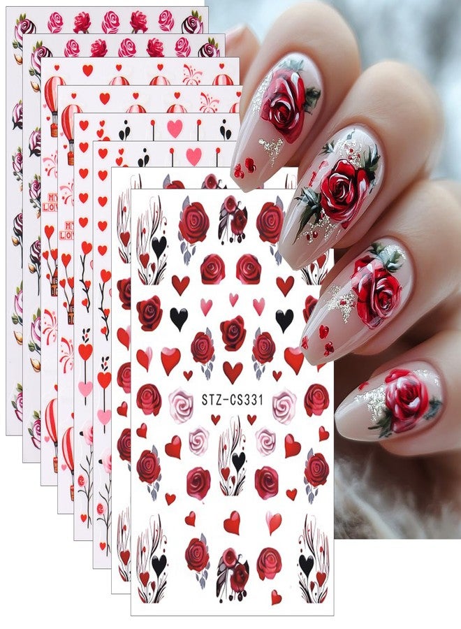 KZBTRBT 8Sheets Nail Stickers ins Valentine's Day Romantic Love Hot Air Balloon Rose Flower Heart Tree Nail Art Sticker 3D Self-Adhesive Nail Decals Valentine's Designs Manicure DIY Nail Decorations for Women - Image 1