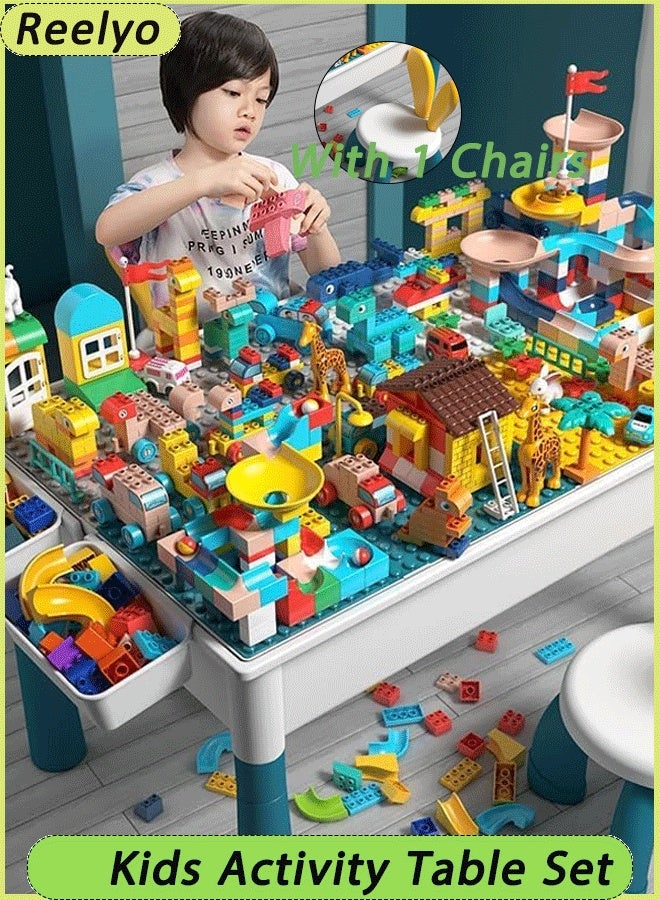ريليو مجموعة طاولة أنشطة للأطفال مع كرسي واحد و4 صناديق تخزين و502 مكعب كبير الحجم، طاولة مكعبات تعليمية متعددة الوظائف - Image 1