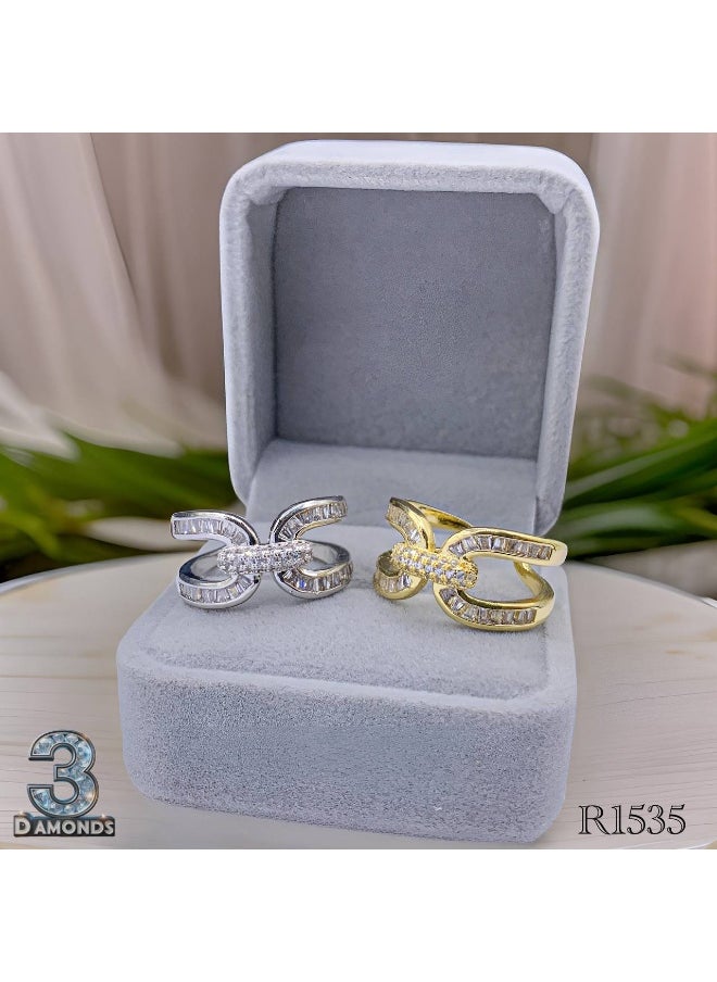 3Diamonds Gold Plated Women’s Ring – Elegant Loop Design with Baguette Zircon Stones 