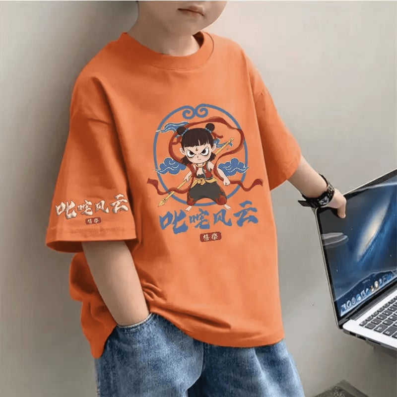 New Children'S Summer Short-Sleeved National Trendy Fashionable Handsome T-Shirt Large Children'S Round Neck Pure Cotton Trendy Top - Image 3