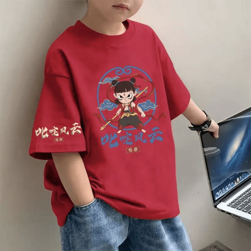 New Children'S Summer Short-Sleeved National Trendy Fashionable Handsome T-Shirt Large Children'S Round Neck Pure Cotton Trendy Top - Image 4