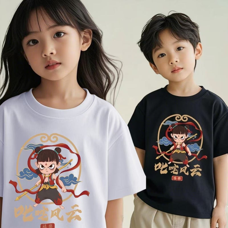 New Children'S Summer Short-Sleeved National Trendy Fashionable Handsome T-Shirt Large Children'S Round Neck Pure Cotton Trendy Top - Image 2
