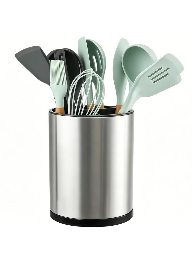 360° Rotating Kitchen Utensil Holder, Stainless Steel Organizer with 3 Compartments, Drainage Base, 8 x 6.3 in - Image 1