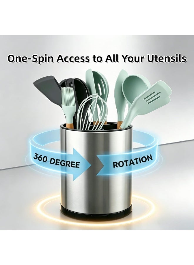 360° Rotating Kitchen Utensil Holder, Stainless Steel Organizer with 3 Compartments, Drainage Base, 8 x 6.3 in - Image 5