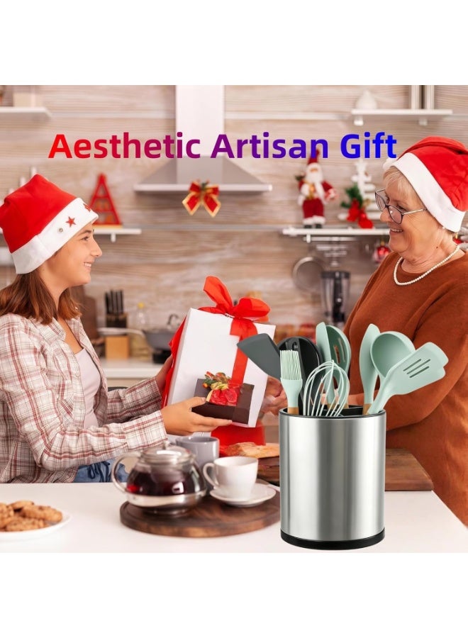 360° Rotating Kitchen Utensil Holder, Stainless Steel Organizer with 3 Compartments, Drainage Base, 8 x 6.3 in - Image 3