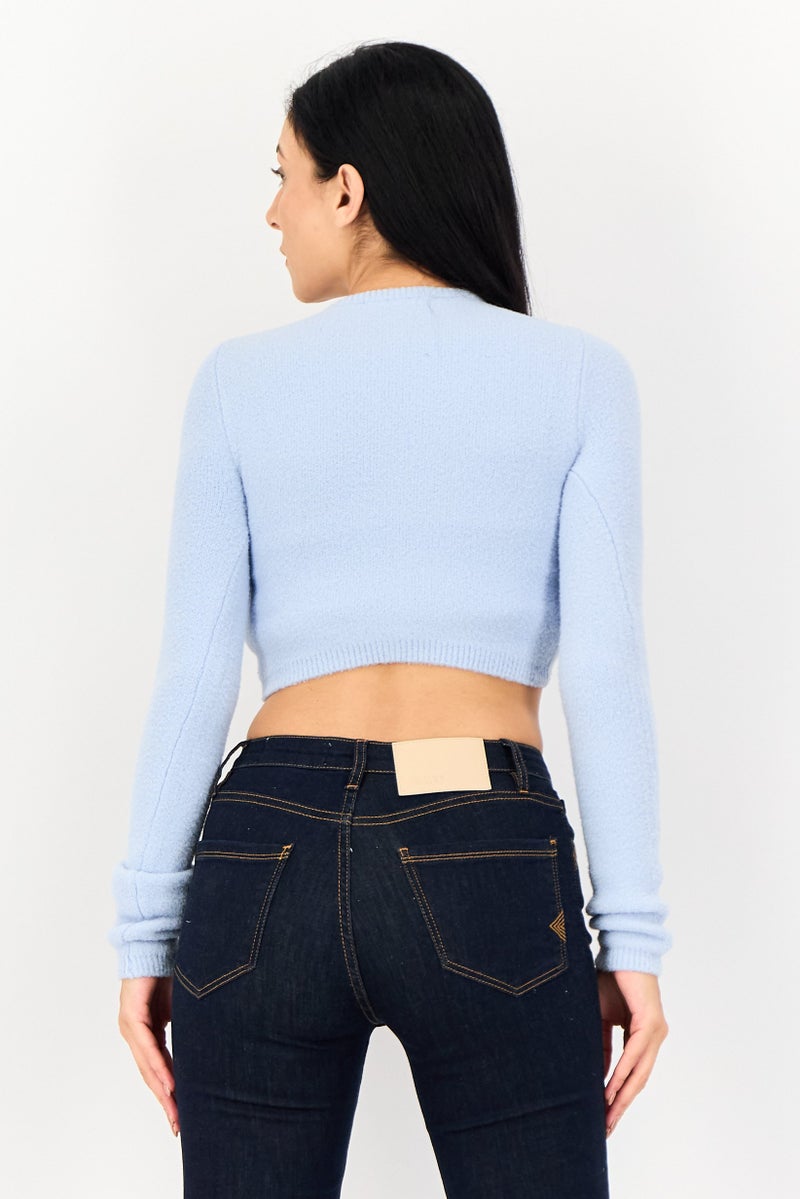 Bershka Women Crew Neck Long Sleeve Solid Crop Sweatshirt, Blue - Image 3