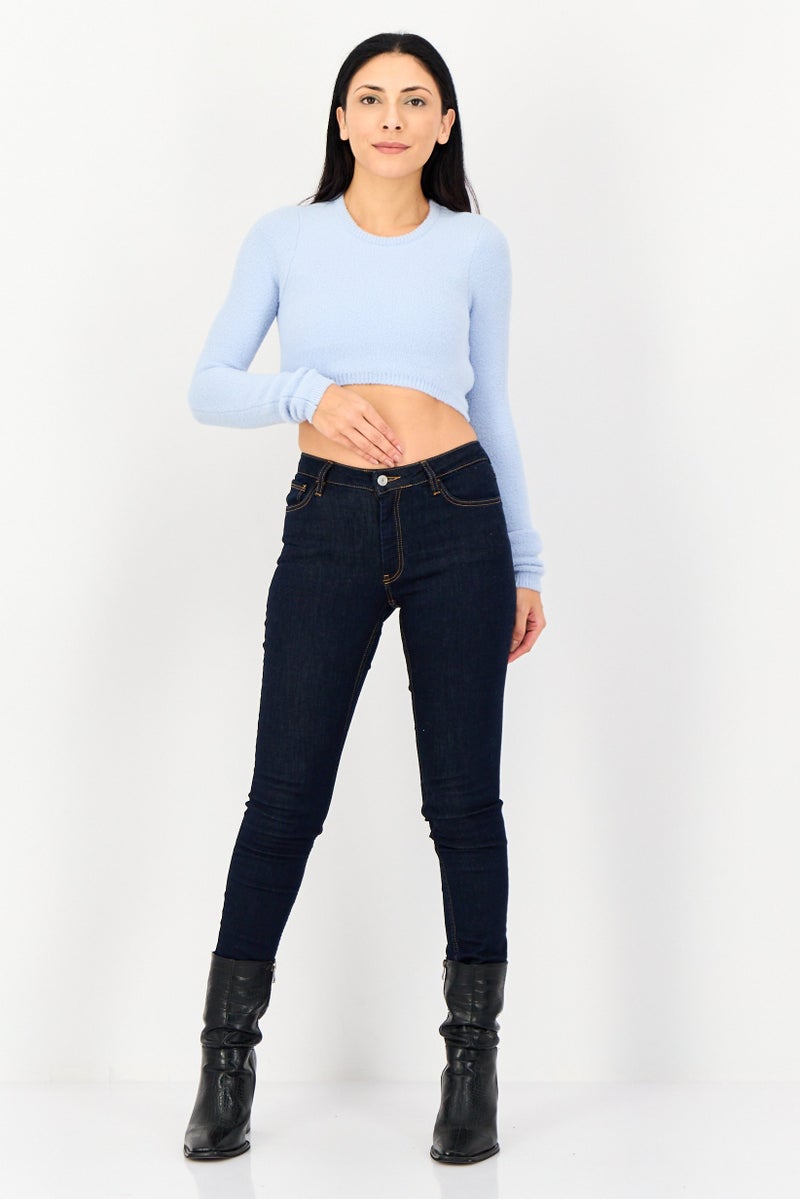 Bershka Women Crew Neck Long Sleeve Solid Crop Sweatshirt, Blue - Image 4