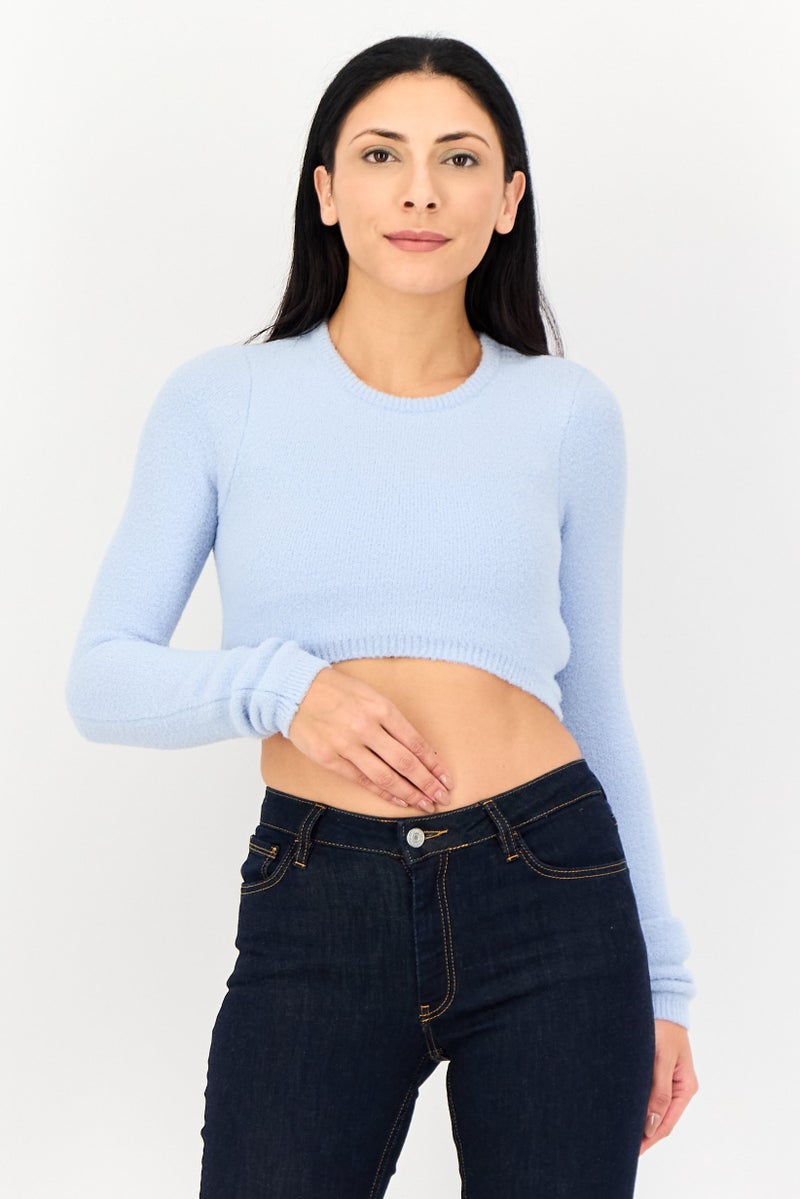 Bershka Women Crew Neck Long Sleeve Solid Crop Sweatshirt, Blue - Image 1