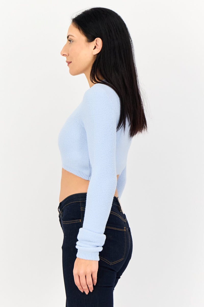 Bershka Women Crew Neck Long Sleeve Solid Crop Sweatshirt, Blue - Image 2
