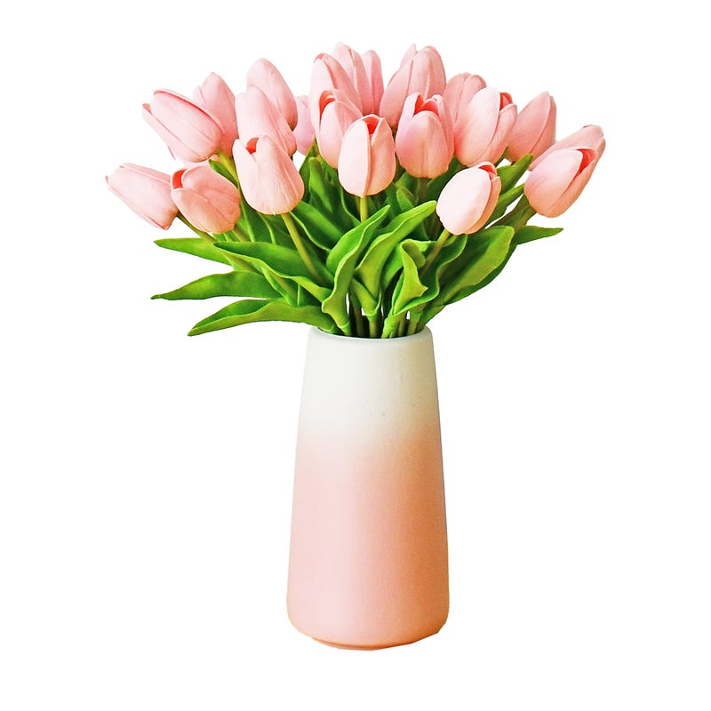 Mandy's Artificial Tulips 28 Stems Light Pink with Vase PU Faux Flowers for Valentine's Day and Easter Decorations Wedding Home Decor 13.5 Inch - Image 1
