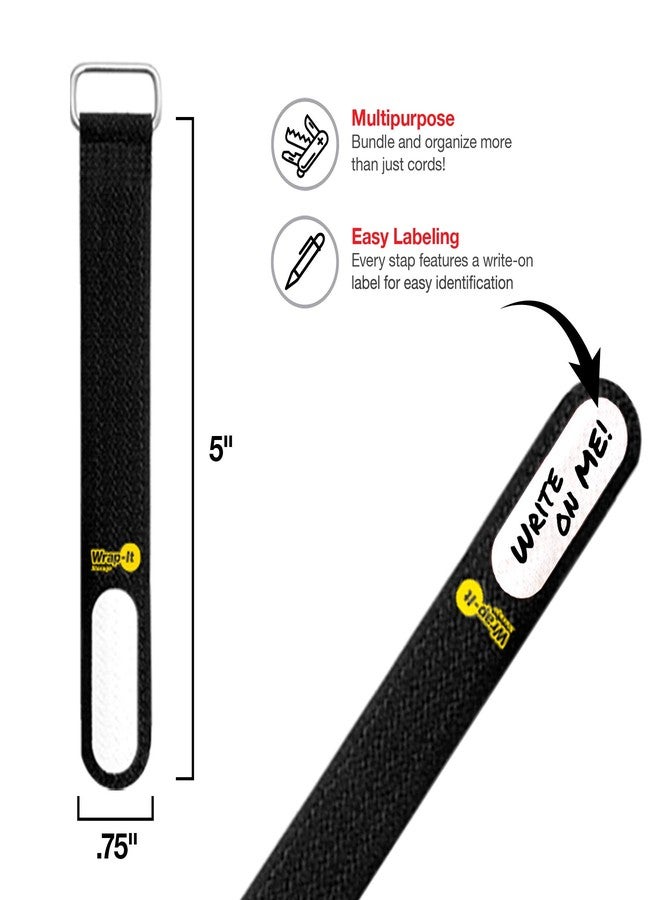 Wrap-It Storage Cinch-Straps, 5-in (20-Pack) Black - Hook and Loop Strap with Write on Label for Easy Cord Identification and Cable Management - Image 2