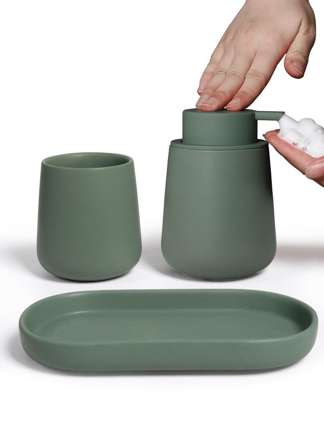 INGOFIN 3 Pcs Ceramic Bathroom Accessory Set - Foam Soap Dispenser, Toothbrush Holder & Tray, Bathroom Counter Set, Countertop Essentials for Home, Guest Bathroom, or Office Use, Matte Green - Image 1