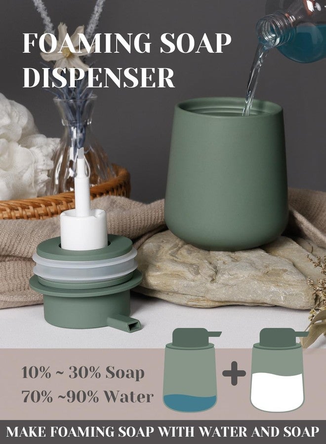 INGOFIN 3 Pcs Ceramic Bathroom Accessory Set - Foam Soap Dispenser, Toothbrush Holder & Tray, Bathroom Counter Set, Countertop Essentials for Home, Guest Bathroom, or Office Use, Matte Green - Image 3