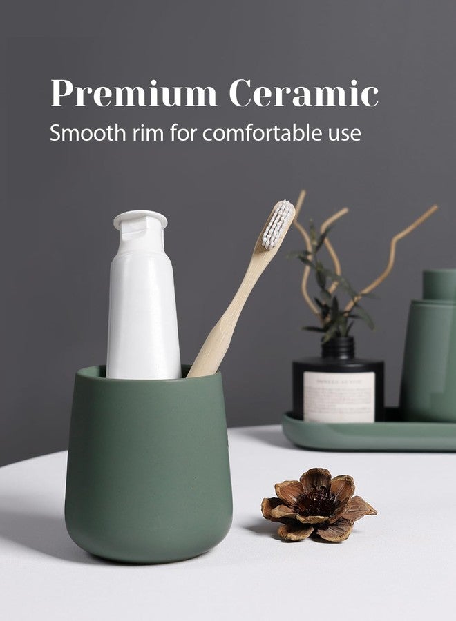 INGOFIN 3 Pcs Ceramic Bathroom Accessory Set - Foam Soap Dispenser, Toothbrush Holder & Tray, Bathroom Counter Set, Countertop Essentials for Home, Guest Bathroom, or Office Use, Matte Green - Image 5