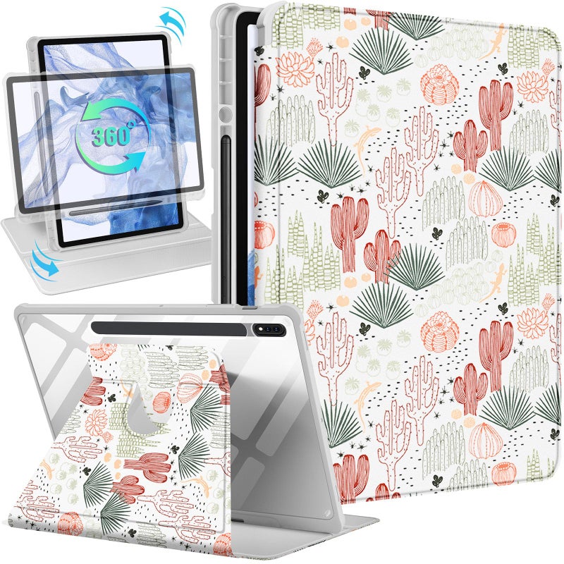 Wazzasoft for Samsung Galaxy Tab S7/S7 Plus/S8 Plus Case - 12.4 Inch Folio Cover with Pencil Holder - Cute Cactus Design - Rotating Tablet Case - Image 1