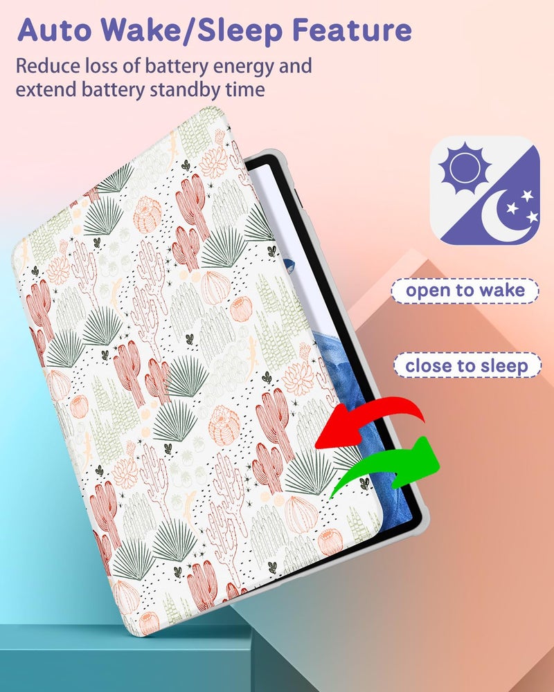 Wazzasoft for Samsung Galaxy Tab S7/S7 Plus/S8 Plus Case - 12.4 Inch Folio Cover with Pencil Holder - Cute Cactus Design - Rotating Tablet Case - Image 5