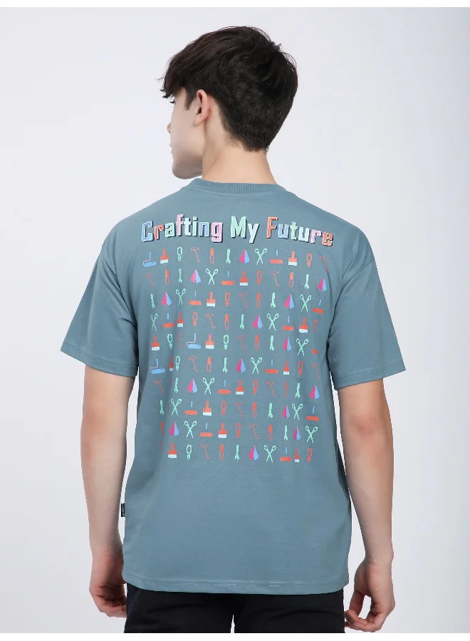 بيونغ تيشيرت مقاس كبير بطباعة حروف زرقاء دخانية