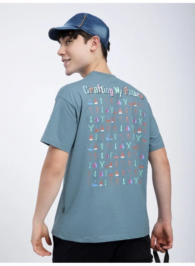 Beyoung Smoky Blue Typography Printed Oversized T-Shirt