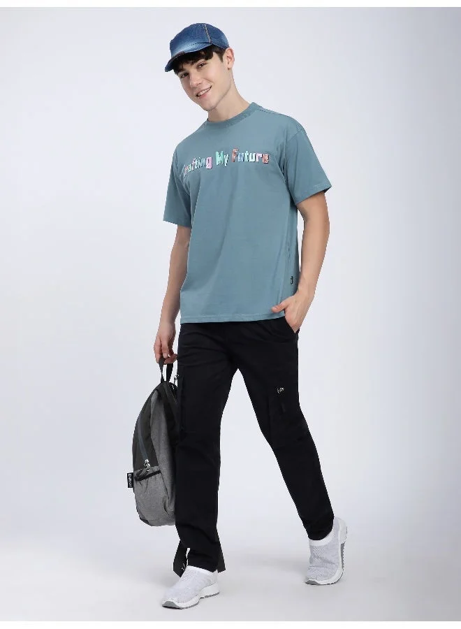 Beyoung Smoky Blue Typography Printed Oversized T-Shirt