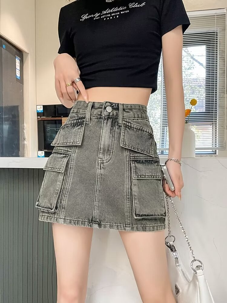 American Spice Girl High Waist Workwear Denim Skirt Women'S Summer Cement Grey A- Shaped Slim Hip Skirt - Image 4