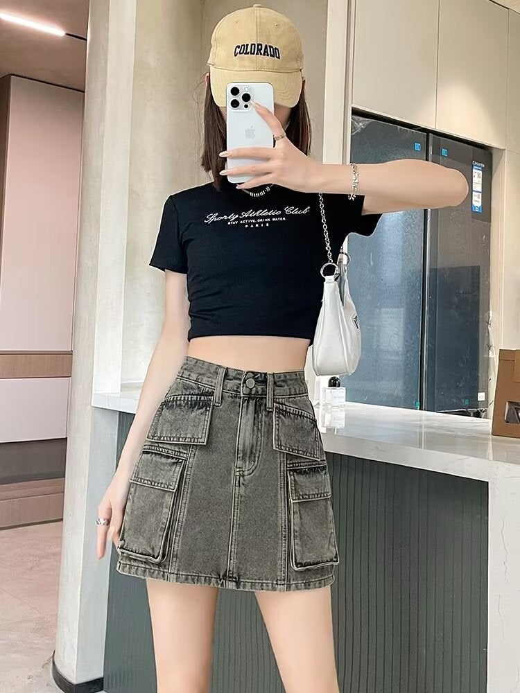 American Spice Girl High Waist Workwear Denim Skirt Women'S Summer Cement Grey A- Shaped Slim Hip Skirt - Image 2