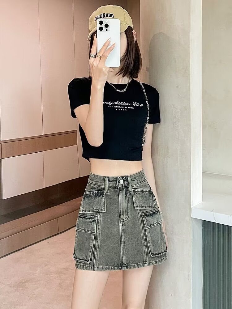 American Spice Girl High Waist Workwear Denim Skirt Women'S Summer Cement Grey A- Shaped Slim Hip Skirt - Image 3