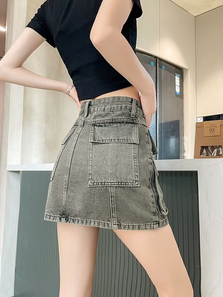American Spice Girl High Waist Workwear Denim Skirt Women'S Summer Cement Grey A- Shaped Slim Hip Skirt - Image 5