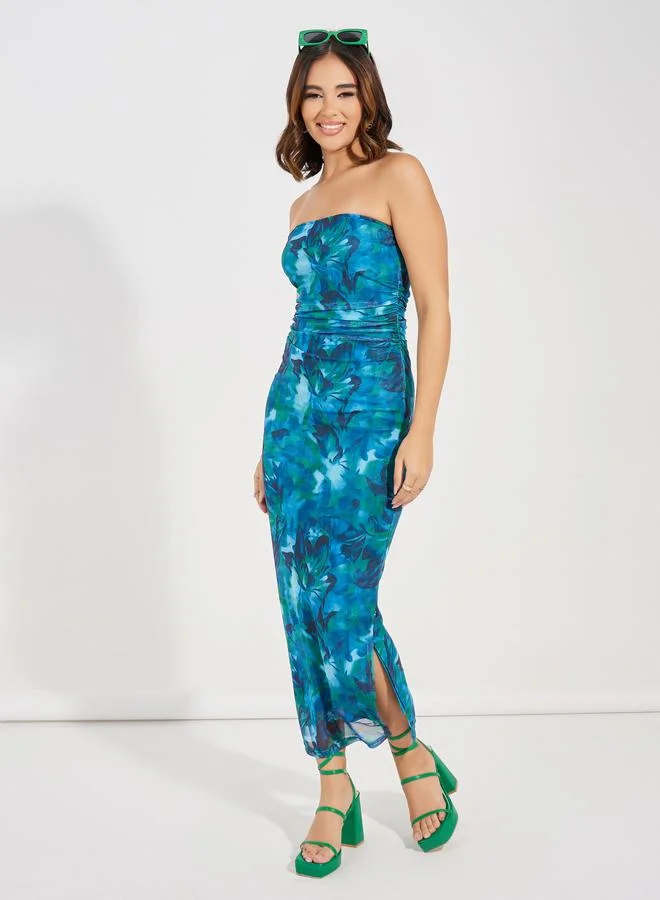 Styli Bandeau Neck Printed Bodycon Maxi Dress