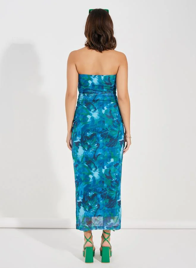 Styli Bandeau Neck Printed Bodycon Maxi Dress