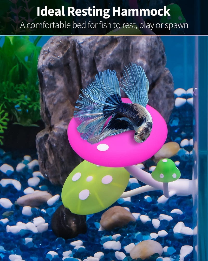 Uniclife Betta Mushroom Hammock Soft Aquarium Rest Bed Fish Breeding Playing Pad with Suction Cup Silicone Ornament Decoration Colorful Lifelike Decor for Fish Tank Landscape, 2 Pack - Image 2