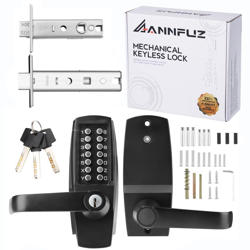 ANNFUZ New Mechanical Keyless Keypad Entry Door Hanle Lock with KeyNo ElectronicSingleSide Push Button Combination Code Door Lever SetInterior HoldOpeningfor Front Gate Outdoor Matte Black - Image 2
