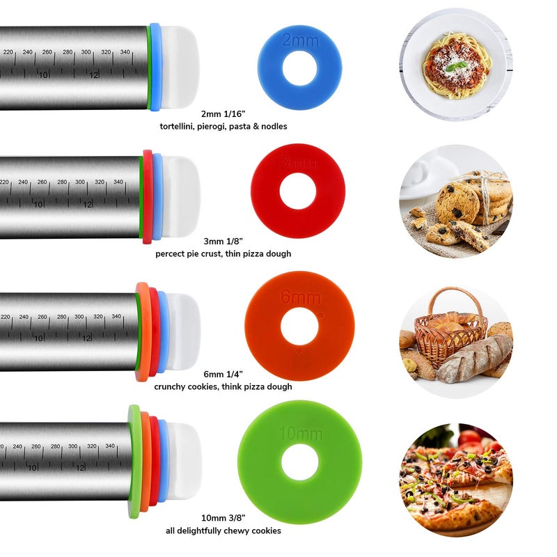 Quellance Rolling Pin and Pastry Baking Mat Set, Rolling Pins with Adjustable Thickness Rings, Stainless Steel Dough Roller for Baking Fondant, Pizza, Pie, Pastry, Pasta, Cookies (Black Mat) - Image 2