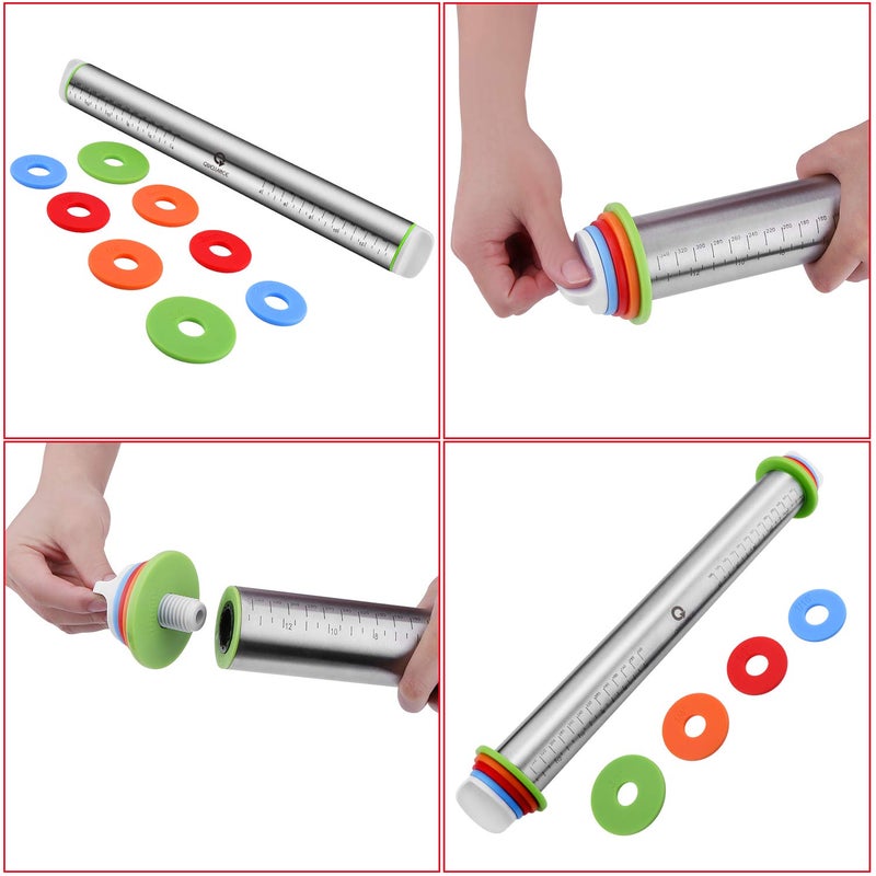 Quellance Rolling Pin and Pastry Baking Mat Set, Rolling Pins with Adjustable Thickness Rings, Stainless Steel Dough Roller for Baking Fondant, Pizza, Pie, Pastry, Pasta, Cookies (Black Mat) - Image 3
