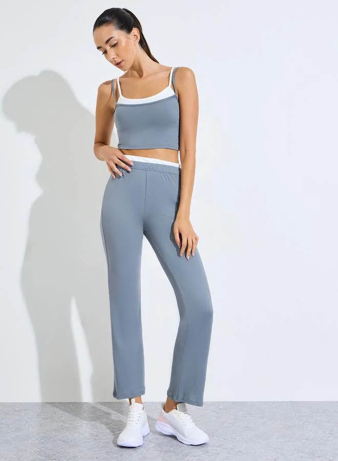 Styli Active Grey Contrast Dual Strap Tank and Straight Pants Set