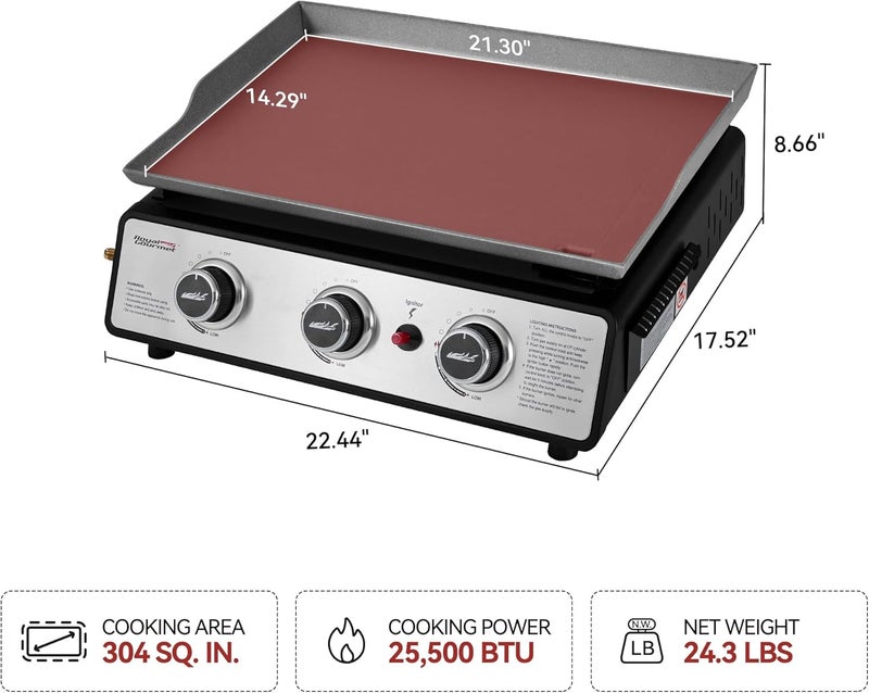 Royal Gourmet Portable 24-Inch 3-Burner Table Top Gas Grill Griddle with Cover - Image 3