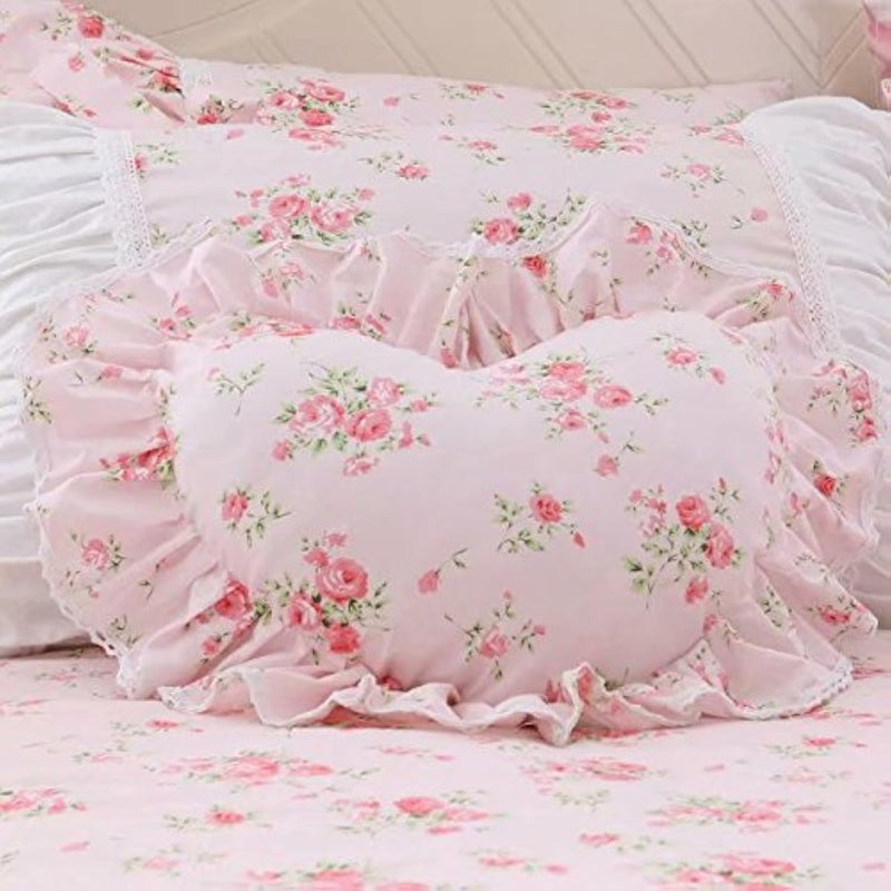 LELVA Floral Ruffle Design Throw Pillow Sham Cushion Pink Heart Decoration Pillow Shaped Sofa Bed Throw Pillows - Image 5