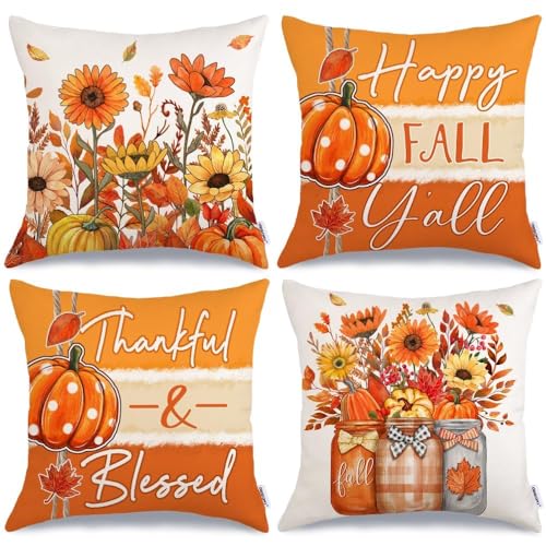 GEEORY Fall Throw Pillow Covers 18x18 Inch Set of 4, Pumpkins Floral Mason Jars Happy Fall Y'all Thankful & Blessed Orange Autumn Seasonal Decorative Farmhouse Decoration for Home G552-18 - Image 1
