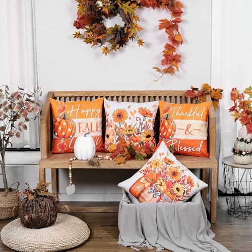 GEEORY Fall Throw Pillow Covers 18x18 Inch Set of 4, Pumpkins Floral Mason Jars Happy Fall Y'all Thankful & Blessed Orange Autumn Seasonal Decorative Farmhouse Decoration for Home G552-18 - Image 3
