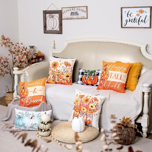 GEEORY Fall Throw Pillow Covers 18x18 Inch Set of 4, Pumpkins Floral Mason Jars Happy Fall Y'all Thankful & Blessed Orange Autumn Seasonal Decorative Farmhouse Decoration for Home G552-18 - Image 2