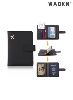 WAOKN RFID Anti Magnetic Travel PU Passport Holder Multifunctional Luggage Tag Travel Storage Bag Waterproof Passport Holder Card Slots, Creative Aircraft Certificate Storage Bag Black  - Image 4