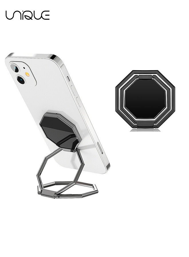 Unique Cell Phone Ring Holder Finger Kickstand, 360° Rotation Cellphone Back Grip, Foldable Metal Ultra-Thin Phone Stand for iPhone iPad Smartphones (with Universal Magnetic Car Mount) (Black) - Image 1