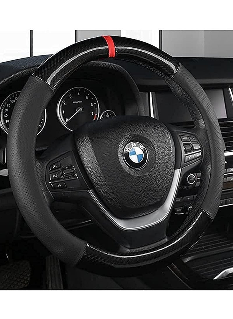 Generic ACTIVE O-Shape Black Carbon Fiber x Leather Steering Wheel Cover ( Red Line )  - Image 1