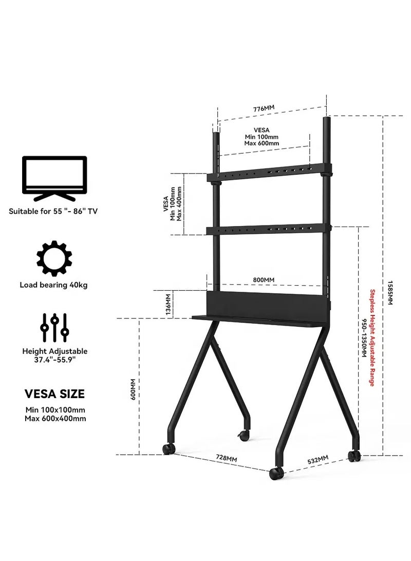هامود حامل تلفزيون الحديثة مع رف قابل للتعديل لشاشة LCD منحنية مسطحة مقاس 55-86 بوصة للأماكن الخارجية والداخلية بسعة تحميل 40 كجم / 88 رطلاً - Image 2