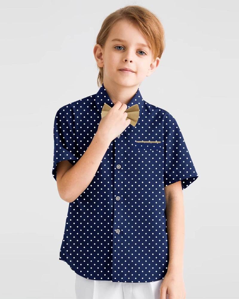 YALLET Boys Button Down Shirts Short Sleeve Wedding Outfits Polka Dot Print Summer Casual Clothes with Bow Tie (Navy Blue, 6-7 Years) - Image 2