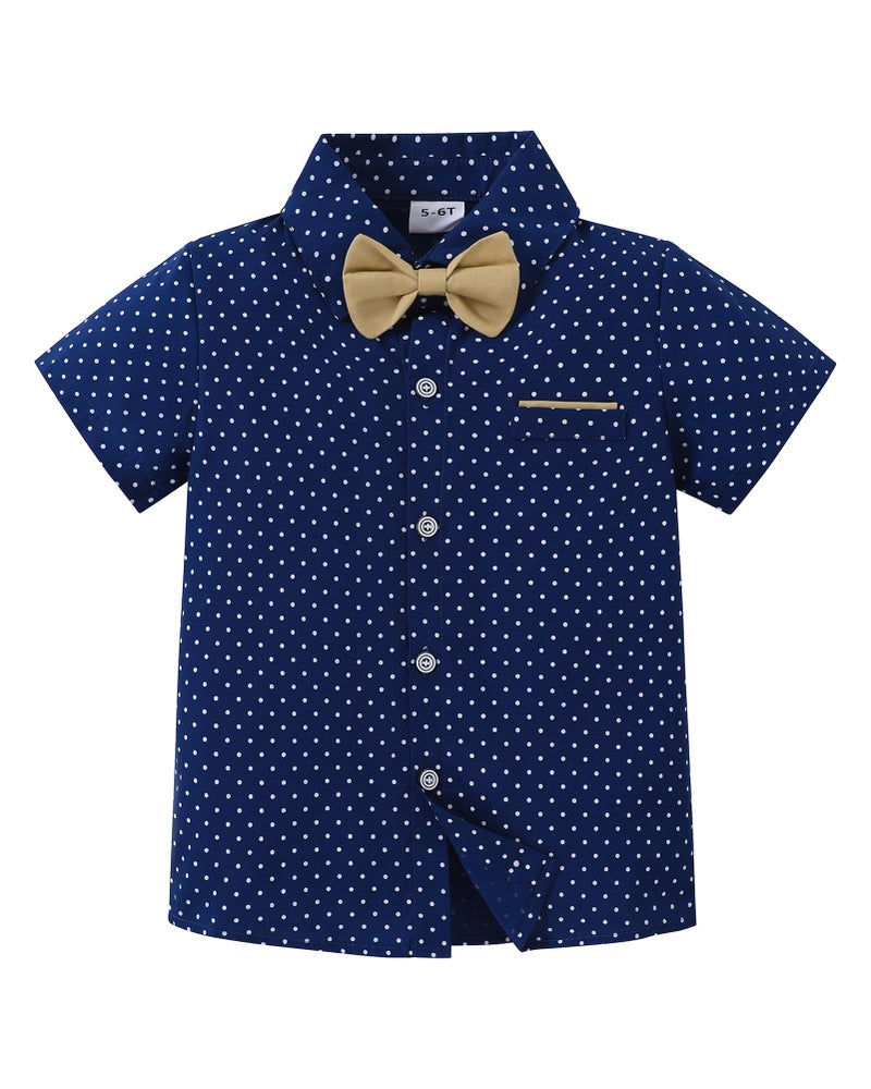 YALLET Boys Button Down Shirts Short Sleeve Wedding Outfits Polka Dot Print Summer Casual Clothes with Bow Tie (Navy Blue, 6-7 Years) - Image 1