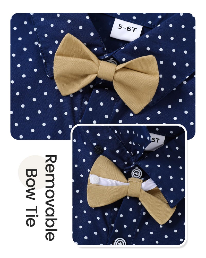 YALLET Boys Button Down Shirts Short Sleeve Wedding Outfits Polka Dot Print Summer Casual Clothes with Bow Tie (Navy Blue, 6-7 Years) - Image 4