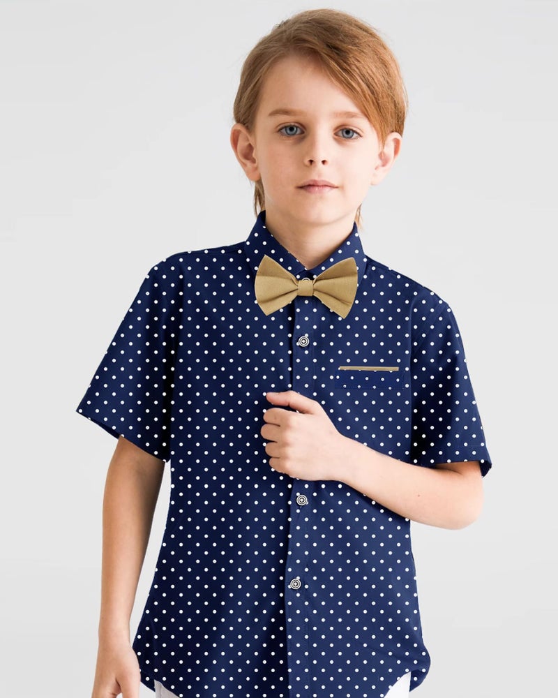 YALLET Boys Button Down Shirts Short Sleeve Wedding Outfits Polka Dot Print Summer Casual Clothes with Bow Tie (Navy Blue, 6-7 Years) - Image 3