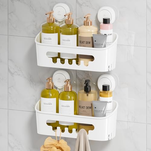 LEVERLOC Shower Caddy Suction Cup 2 Pack, Shower Organizer Removable Bathroom Shelf, Storage Suction Powerful Max Hold 22lbs Bathroom Caddy Waterproof Holder, White - Image 1